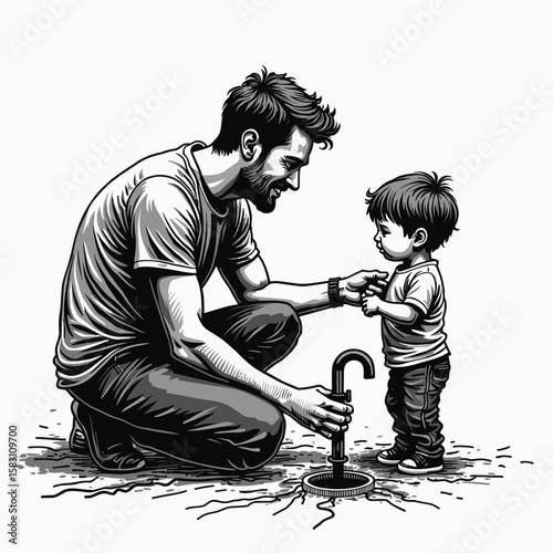 Father fixing a faucet while child watches admiringly in black and white  