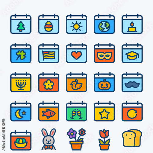 Colorful calendar icons depicting various holidays and events.