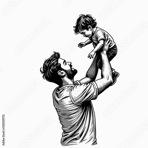 Father lifting toddler and smiling joyfully in a playful moment  