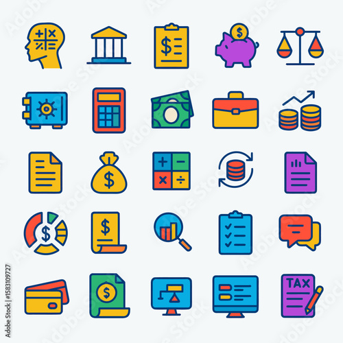 A collection of colorful financial icons representing various aspects of money, banking, and business operations.