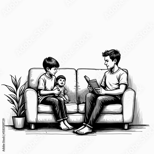 Boy playing with doll while older brother reads book on sofa  