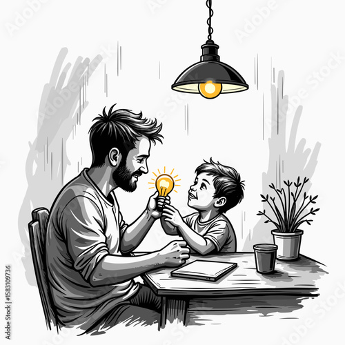 Father explaining electricity to son while sitting at table in cozy room - Concept of relationship, everyday life