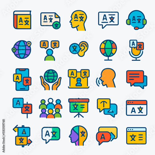 Collection of colorful line icons representing various aspects of translation and communication in multiple languages.