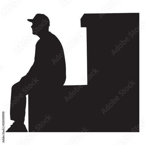 Silhouette of a man wearing a cap sitting on a ledge against a white background