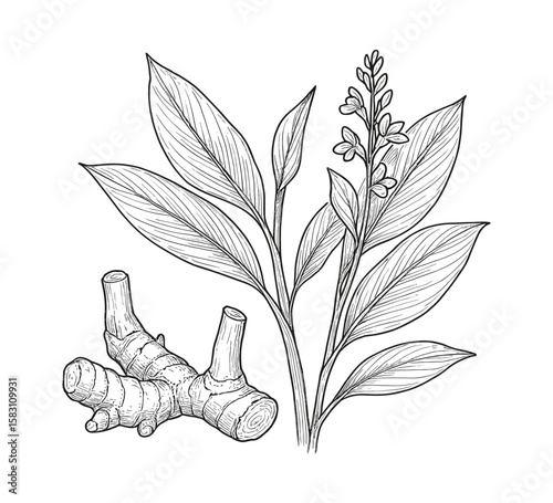 Ginger Plant with Root and Flowers, Hand Drawn Botanical Illustration, Isolated Sketch