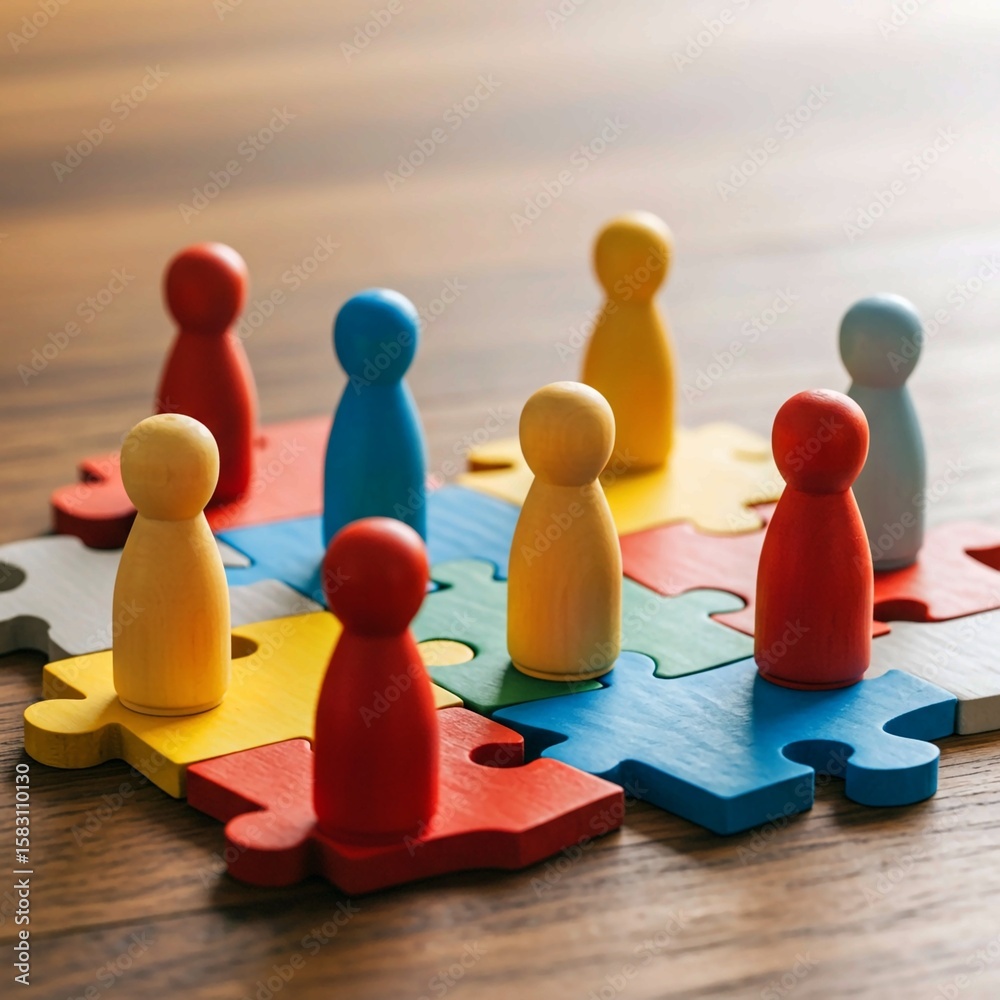 Obraz premium group of people in a circle, RelevanceColorful wooden figures represent diverse people connecting on jigsaw pieces. Teamwork, diversity concept visualizes HR strategies for inclusive workplace culture