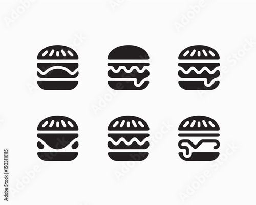 A set of six black and white burger icons arranged in a grid pattern on a white background image