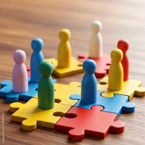 teamwork concept with puzzle, RelevanceColorful wooden figures represent diverse people connecting on jigsaw pieces. Teamwork, diversity concept visualizes HR strategies for inclusive workplace cultur