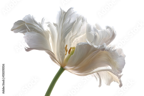 Close-up white tulip flower isolated with a black background; for print media