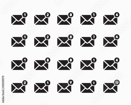 Email icon vector set features envelopes, notifications, and at symbols. Ideal for messaging apps, communication designs, and email marketing