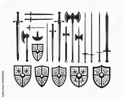 Sword silhouette collection, swords vector illustration. Medieval sword, dagger, cross guard. Black weapon designs, different shapes and styles isolated on white background