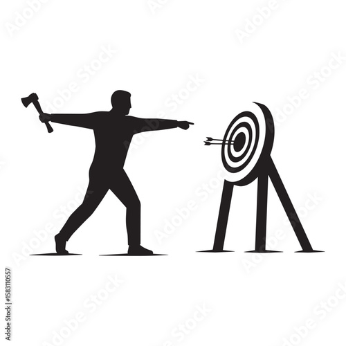 Silhouette of man aiming an axe at a target demonstrating accuracy and precision