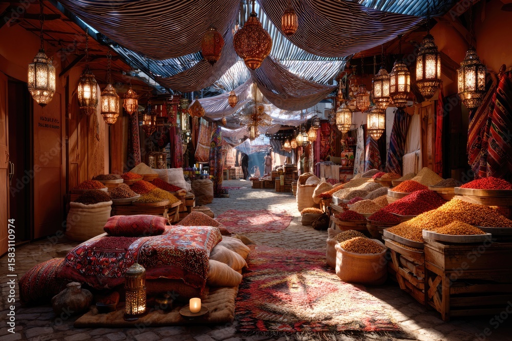 Fototapeta premium A bustling traditional market scene filled with vibrant, colorful fabric tents overhead
