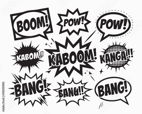 Comic speech bubble vector, comic book sound effects, pop art design with Bam, Thud, Zap, Boom and more in explosion shapes, perfect comic boom for action theme graphics, retro design