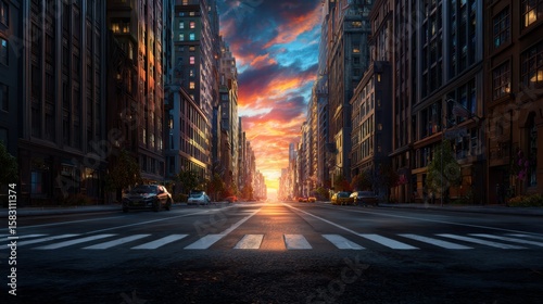 A stunning cityscape at sunset, highlighting the vibrant sky and urban architecture.