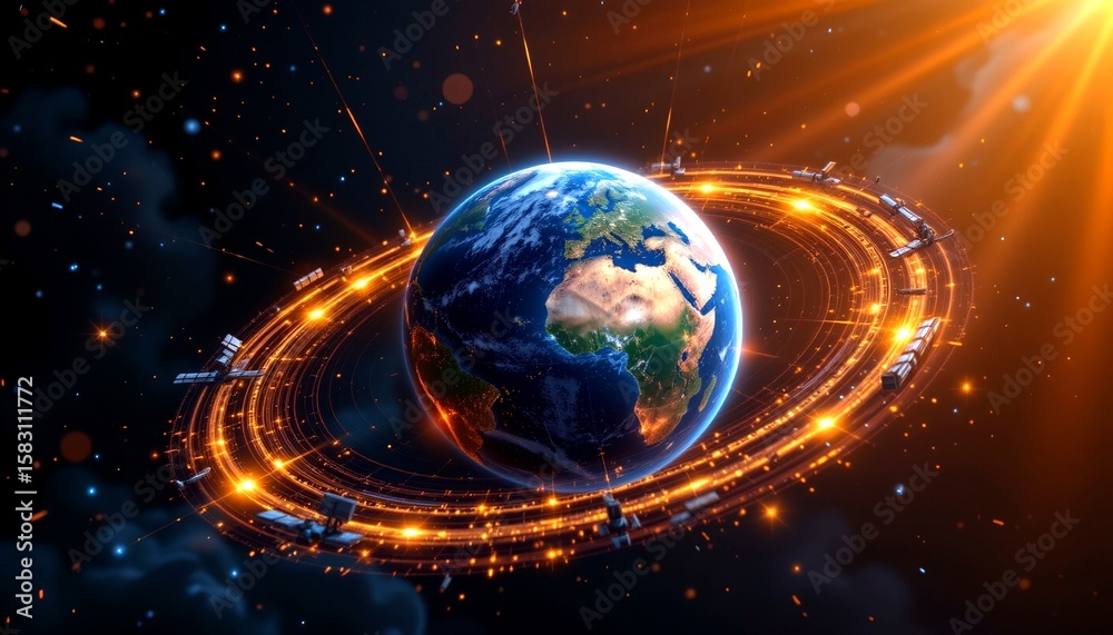 Earth surrounded by glowing rings and satellites in space. The planet Earth is shown with continents and oceans. The image has a futuristic and energetic feel Earth surrounded by glowing rings and satellites in space. The planet Earth is shown with continents and oceans. The image has a futuristic and energetic feel