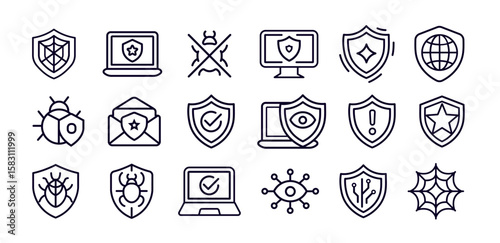 Cyber Security Line Icons Set Showing Protection, Clean and Protect Computer System App, Antivirus, Malware Defense, Spy Bug Fixing, Privacy Monitoring Network Safety Concepts. Vector Illustration.