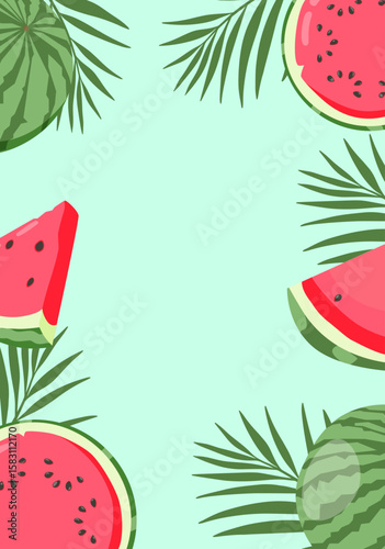 Hand-drawn summer and spring fruit illustrations: watermelon. Frame made of watermelon and green leafs on white