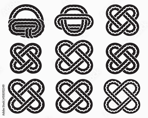 Knot vector set rope, cord, tie, knot silhouette vector illustrations, various knot types, decorative knots, maritime knot tying
