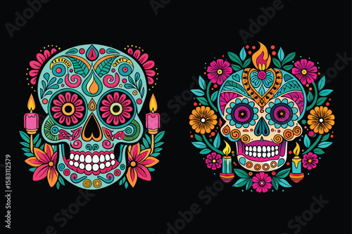 Colorful sugar skulls with floral decorations and candles