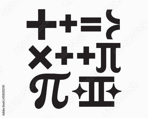 Mathematical symbol vector set and math notations for addition, subtraction, alpha, beta, infinity, sigma, square root, integral, pi, subset, set theory, functions, geometry, calculus
