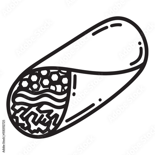 Simple Black and White Burrito Illustration Featuring Authentic Mexican Food Wrapped in Tortilla Ready to Eat in a Casual Setting