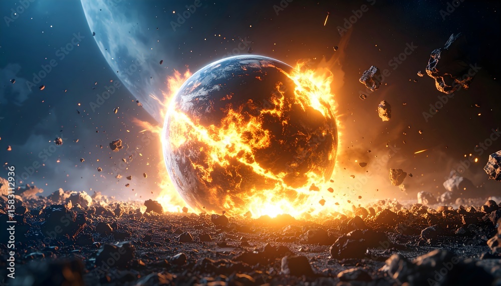 Fototapeta premium Exploding planet in outer space, dynamic fire and light, sci-fi background