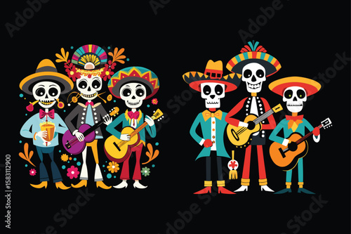 Mexican skeletons playing music and celebrating mariachi