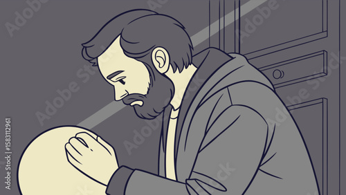 Illustration of a man with beard looking at a round object in a room with a door design art