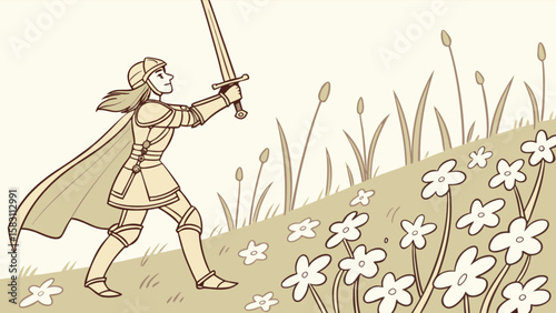 Illustration of a brave knight with sword in flower field ready for battle adventure quest drawing art