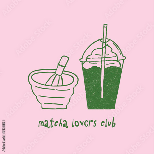 Matcha bowl and cup, cartoon doodle vector illustration. Hand drawn outline art with grunge texture. Plastic cup with iced matcha and whipped cream. Matcha lovers club text.