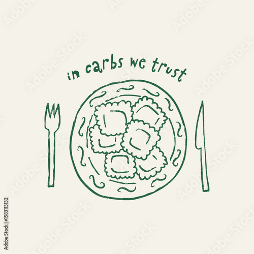 Ravioli served on plate, cartoon doodle vector illustration isolated on beige background. Hand drawn outline art with grunge texture. Concept of restaurant and Italian cuisine. In carbs we trust text