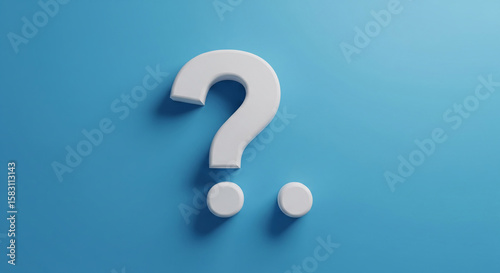 White question mark with two small circles on blue background, symbolizing inquiry, uncertainty, and the search for answers, ideal for FAQ pages or help sections