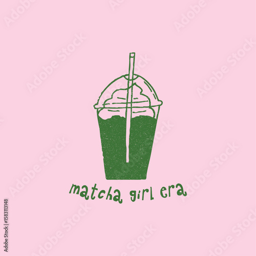 Matcha in plastic cup with whipped cream, cartoon doodle vector illustration. Hand drawn outline art with grunge texture. Iced matcha latte to go. Matcha girl era text.
