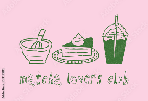 Set of matcha food and drink, cartoon doodle vector illustration. Hand drawn outline art with grunge texture. Cute cake, bowl and whisk, plastic cup with iced matcha latte. Matcha lovers club text.