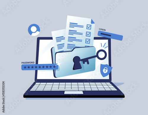 Laptop with shield, Cyber Security concept. Laptop and cloud data under the protection. Cybersecurity, antivirus