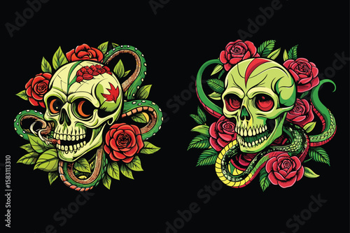 Green skull red rose snake vector