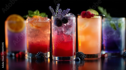 Wallpaper Mural Vibrant mixed cocktails in tall glasses, garnished with fresh fruits and herbs, showcasing a variety of flavors. Torontodigital.ca