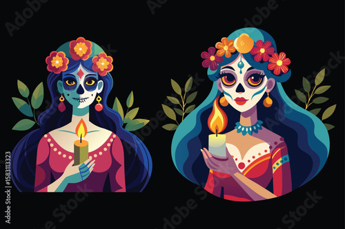 Sugar Skull Women Holding Candles dia de los muertos