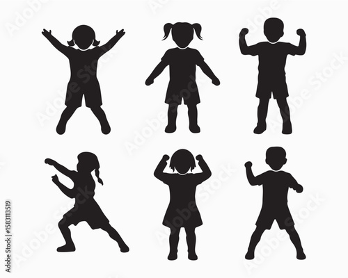 Kids silhouette vector illustration showing multiple children in playful and standing poses. Ideal kid set for educational designs, websites, or creative projects requiring children themed visuals 