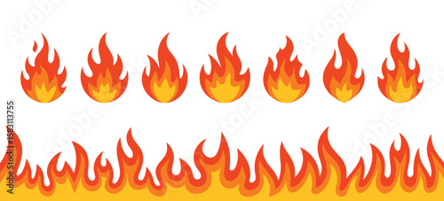 fire patterns digital artwork featuring 10 bright orange and red flame designs in top row, sharp shapes, two horizontal rows against white background, dynamic and fiery.