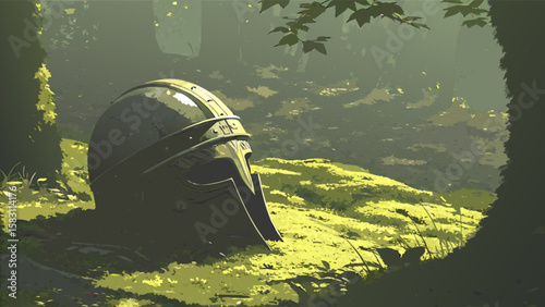 Lost medieval knight helmet in forest landscape illustration digital art concept for history and fantasy fans