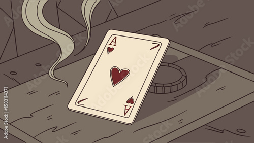 Ace of hearts playing card illustration for poker night or casino game with gambling chip on table top