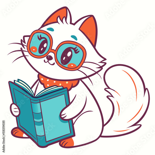 Reading cat illustration: Cute cat with big eye wearing glasses and scarf reading book.