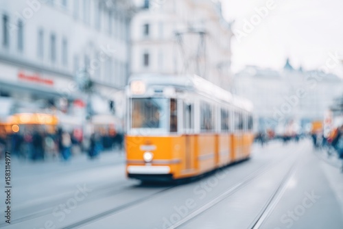 vintage tram moves through cityscape