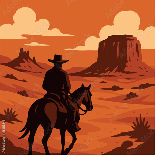 A cowboy riding a horse through a desert landscape with mesas and clouds in a stylized illustration