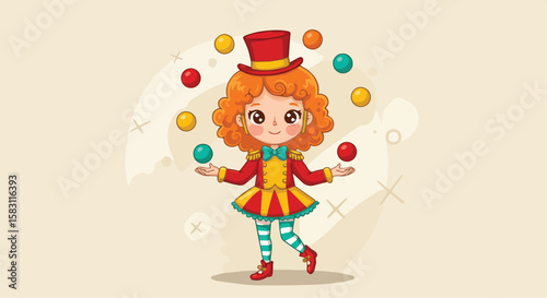 Cute Cartoon Ringmaster Juggling Colorful Balls