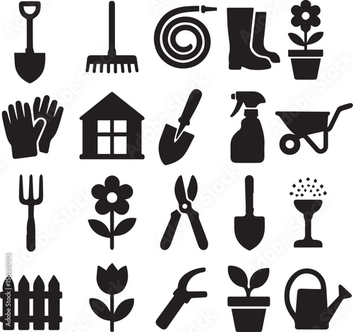 A collection of black and white gardening icons including tools plants and other related items set on white