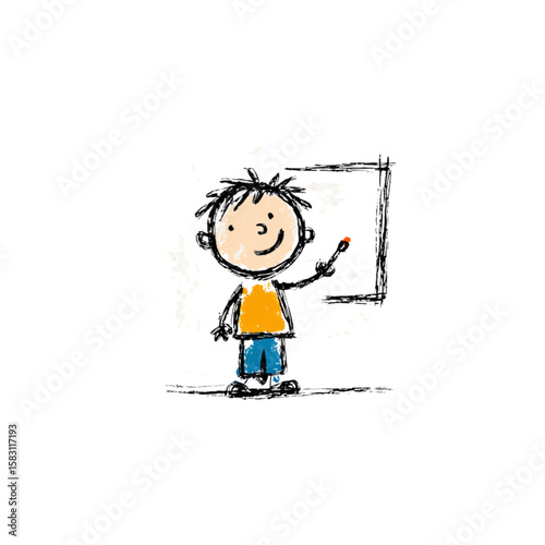 Cartoon boy pointing at whiteboard with a smile in classroom setting. Children's drawing 