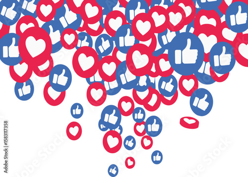 A collection of social media icons, thumbs up and heart symbols, cascades down, making it ideal for web design, marketing materials, and promotional content.